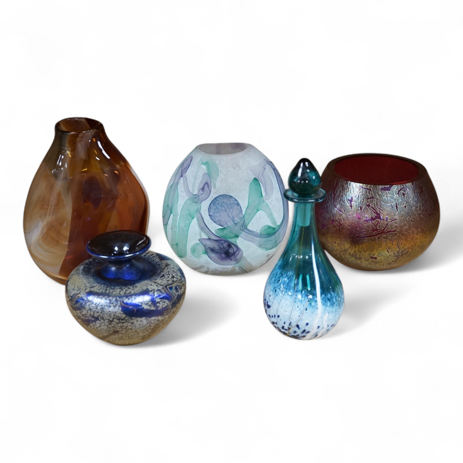 Five pieces of art glass comprising a scent bottle and four vases, largest 16cm high